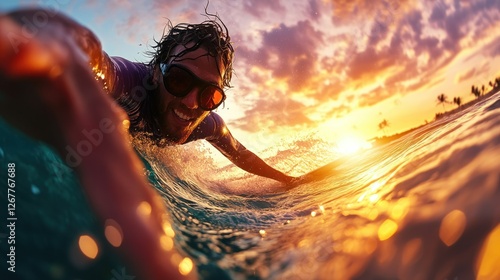 Surfer riding wave at sunset on tropical beach photo