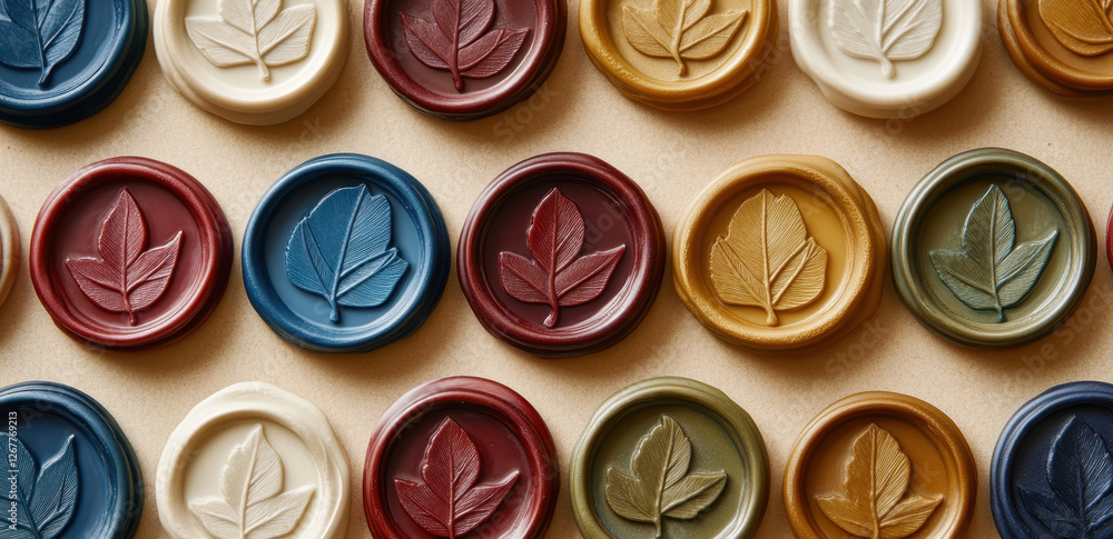 A variety of wax seal stamps in different colors are displayed, showcasing leaf patterns in an artistic arrangement on a neutral surface A variety of wax seal stamps in different colors are displayed, showcasing leaf patterns in an artistic arrangement on a neutral surface