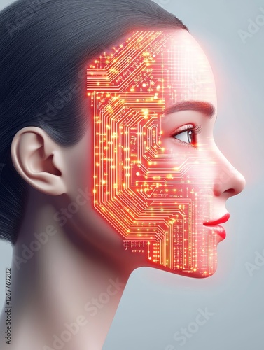 Face Circuitry - A woman's face is overlaid with a glowing circuit board pattern, symbolizing technology and beauty