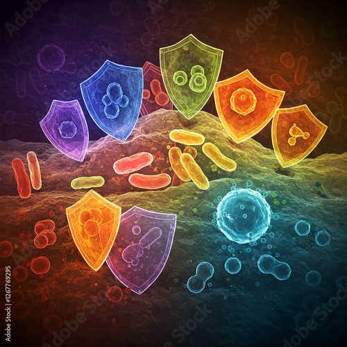 Abstract representation of the immune system defending the body, featuring geometric shield-like structures. photo