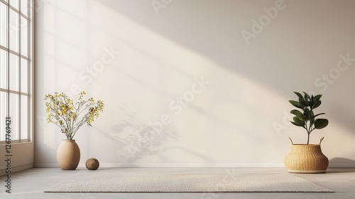 Serene minimalist yoga studio with soft earthy tones, natural materials, and a tranquil atmosphere