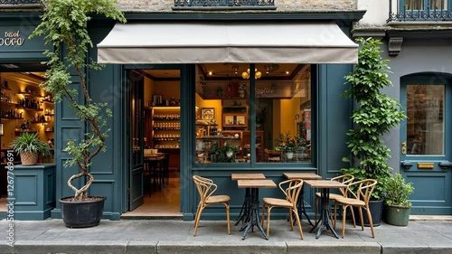 Cafe with a blue awning and a white canopy. The cafe has a lot of potted plants and a few chairs