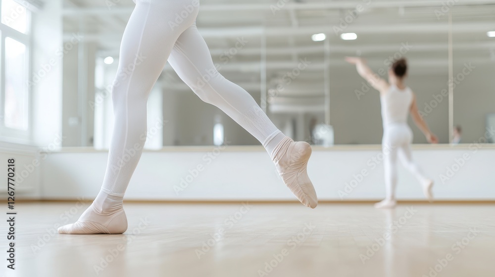 Professional Dancer Practicing Ballet Movements in Bright Studio Setting with Soft Lighting Professional Dancer Practicing Ballet Movements in Bright Studio Setting with Soft Lighting