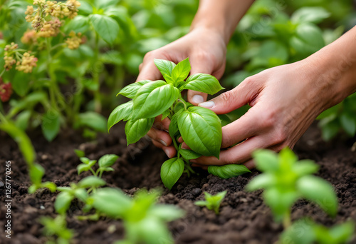 Fresh Basil Plant Growing in Garden - Organic Herb Cultivation