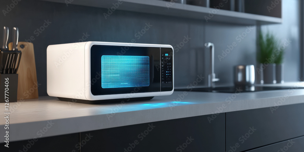 Fototapeta premium A stylish white and black microwave oven sits on a contemporary kitchen countertop, illuminated softly by blue light