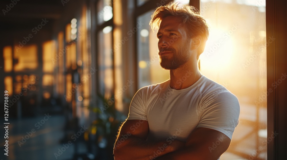 Fototapeta premium A smiling man in a vibrant workout outfit stands confidently in a brightly lit gym, surrounded by modern fitness equipment