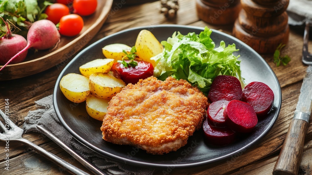 Delicious breaded fried pork chop with boiled potatoes, fresh vegetables, and beets on rustic table Delicious breaded fried pork chop with boiled potatoes, fresh vegetables, and beets on rustic table