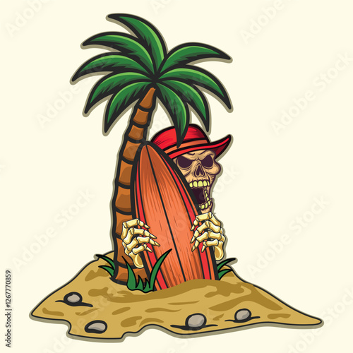 Summer surfing boad and hat on head skull vintage design