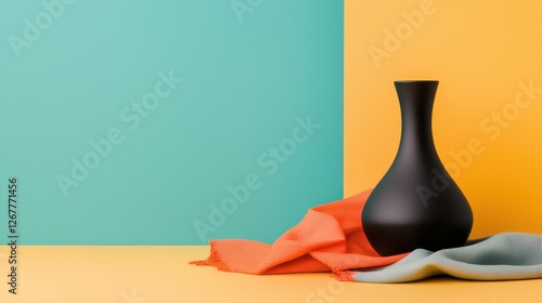 Wallpaper Mural Simple Black Vase with Striking Geometric Pattern and Colorful Drapes on Minimalist Background Torontodigital.ca