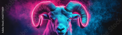 Aries ram s horns glowing with electric holographic neon energy, cosmic power surge photo