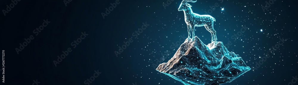 Capricorn holographic sea-goat standing atop a floating digital mountain, celestial glow Capricorn holographic sea-goat standing atop a floating digital mountain, celestial glow