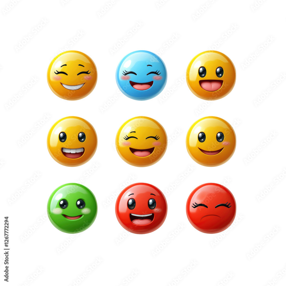 Fototapeta premium Nine Colorful 3D Emojis Expressing Different Emotions Happy, Excited, Content, and Sad