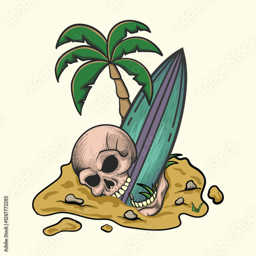 Summer surfing boad and crack skull vintage design