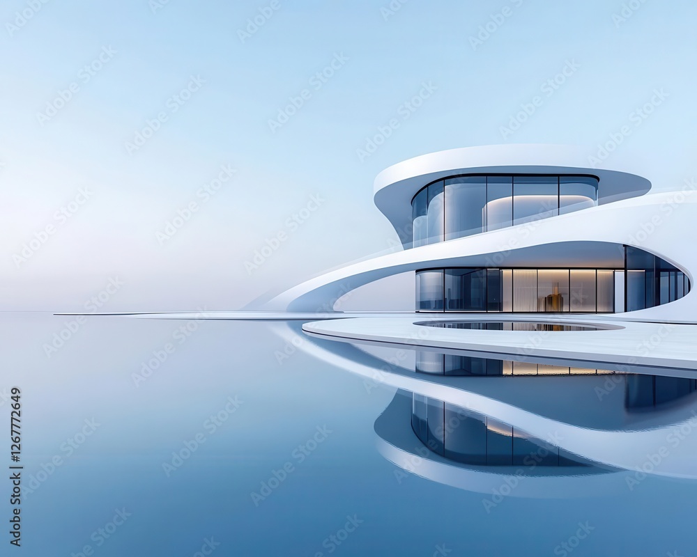 Fototapeta premium Modern minimalist futuristic home with curved architecture, digital walls, and smart technology integration