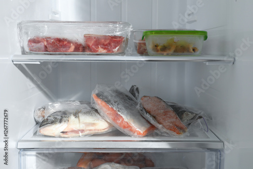 Photography Different frozen meat and fish products in fridge