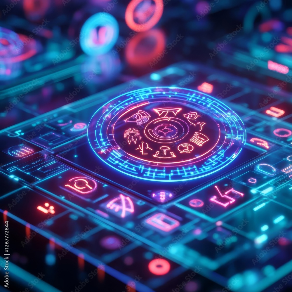Obraz premium Cyberpunk zodiac glyphs displayed as floating neon holograms, digital mysticism