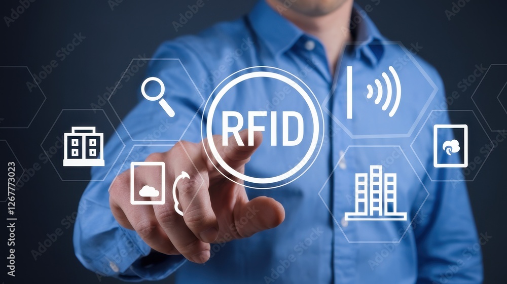 Man touches rfid graphic interface on digital dark background Man touches rfid graphic interface on digital dark background