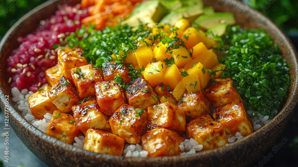 A vibrant poke bowl with fresh salmon, cucumbers, seaweed, and roe, topped with sesame seeds. A healthy and colorful meal in a rustic black bowl A vibrant poke bowl with fresh salmon, cucumbers, seaweed, and roe, topped with sesame seeds. A healthy and colorful meal in a rustic black bowl