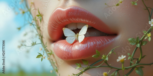 An extreme close-up of smooth, vibrant lips in a soft skin tone hue, symbolizing a world before pollution, adorned with delicate green vines and a tiny white butterfly.