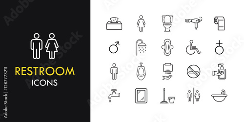 Restroom Line Icon Set, Outline web icons collection containing Bathroom, Toilet, Accessibility Signs, and more.  Vector illustration in line style 
