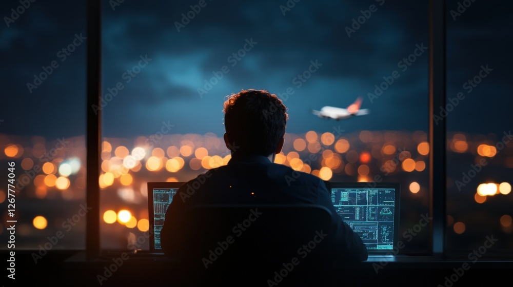 man working on computer at night with airplane man working on computer at night with airplane