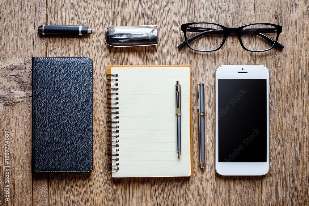 Workspace with notebook, smartphone, pen, glasses, stapler on wooden table for organized planning and efficient productivity, capturing a sleek modern aesthetic
