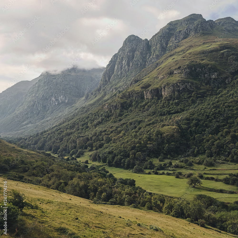 Fototapeta premium Majestic mountain range covered in lush greenery evokes sense of awe and serenity, forming tranquil landscape