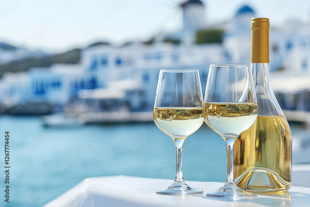 White wine served with a view of the seashore of the island White wine served with a view of the seashore of the island