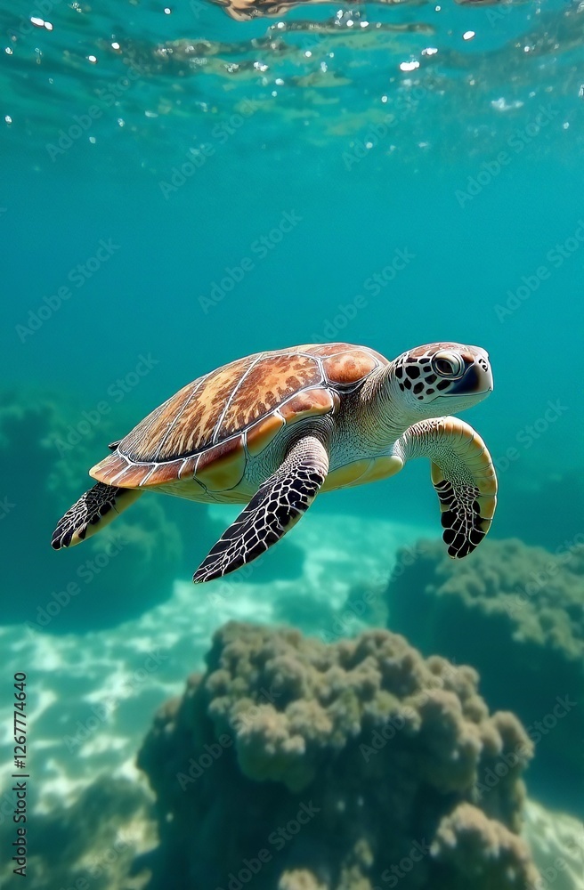 Obraz premium Close up of atlantic ridley turtle underwater swimming in light turquoise waters of atlantic ocean on bright sunny day. Vertical concept of atlantic ocean marine life