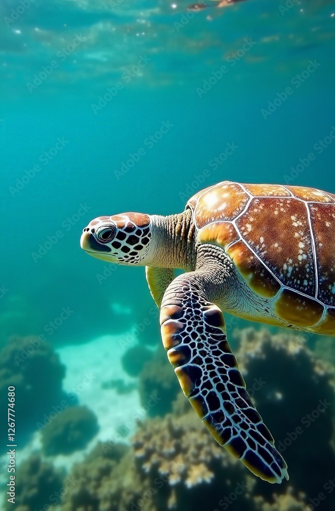 Fototapeta premium Close up of atlantic ridley turtle underwater swimming in light turquoise waters of atlantic ocean on bright sunny day. Vertical concept of atlantic ocean marine life