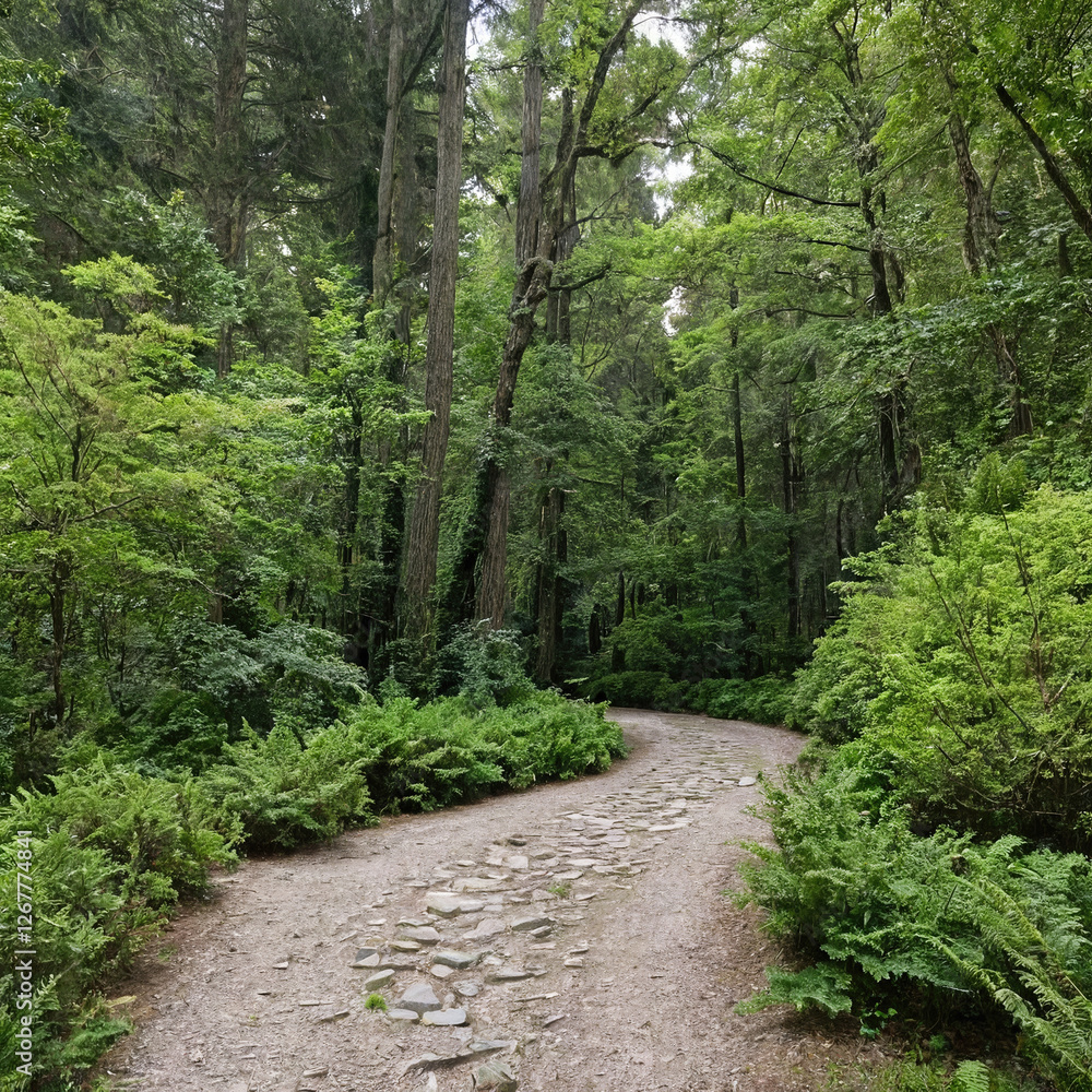 winding stone path leads into vibrant, green forest surrounding trees are looking tall and peaceful, natural escape winding stone path leads into vibrant, green forest surrounding trees are looking tall and peaceful, natural escape