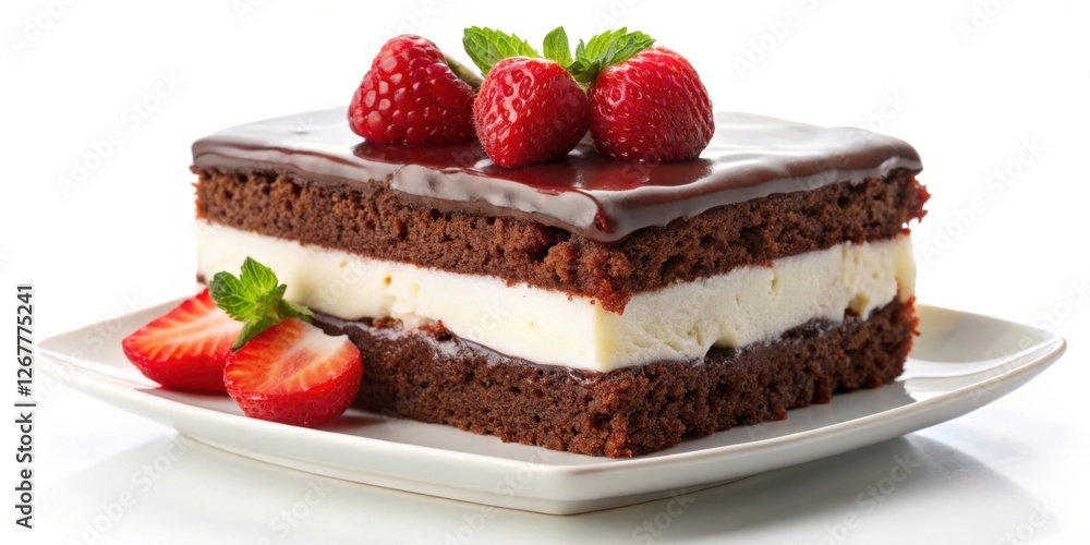 A single serving of chocolate cake with a layer of white frosting, topped with fresh raspberries and mint leaves, presented on a white plate A single serving of chocolate cake with a layer of white frosting, topped with fresh raspberries and mint leaves, presented on a white plate