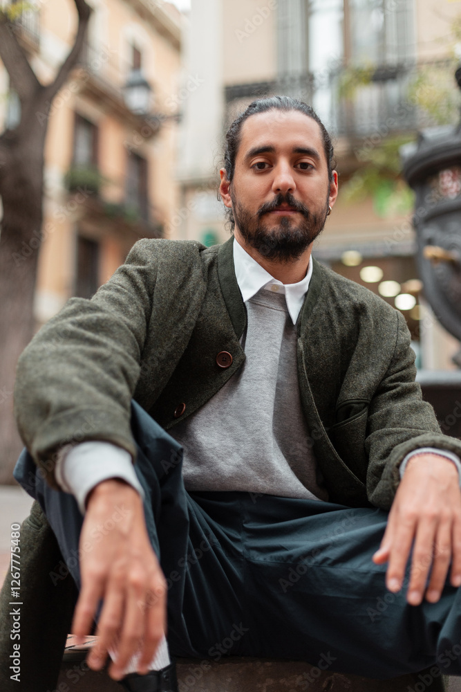 Naklejka premium Handsome spanish trendy man in fashion clothes with green coat sitting on street in Barcelona