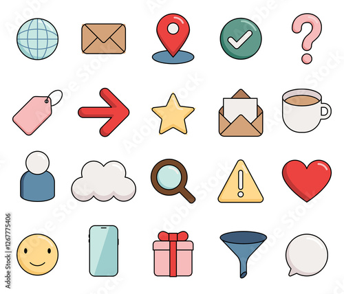 Web Icon Set in 3D Glossy Vector Style. Innovation Technology, Mail, Global Business, Coffee, Search, Cloud, Online Shopping Sale, Smartphone Notification, Arrow Star, Check Mark Funnel and Heart