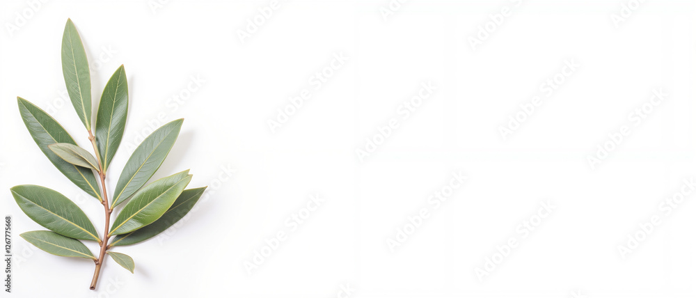 Fresh green laurel leaves on a clean white background conveying purity and peace representing new beginnings or hope Fresh green laurel leaves on a clean white background conveying purity and peace representing new beginnings or hope