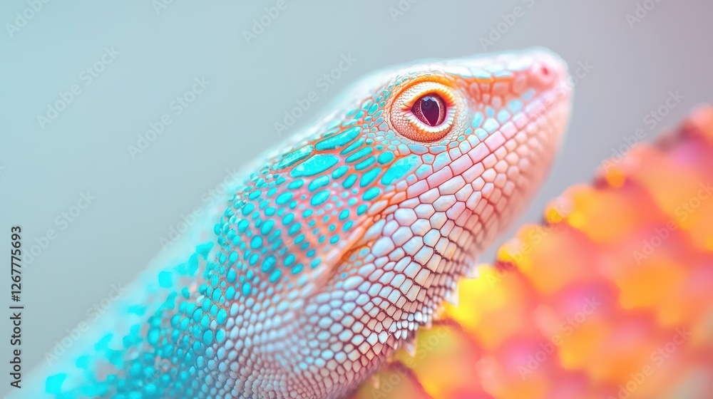 Obraz premium Close-Up View of Shimmering Lizard Scales with Vibrant Colors and Intricate Patterns in Light Background