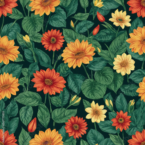 Wallpaper Mural Floral arrangement features vibrant sunflowers and daisies amidst lush leaves, evokes beauty of sun drenched meadow Torontodigital.ca