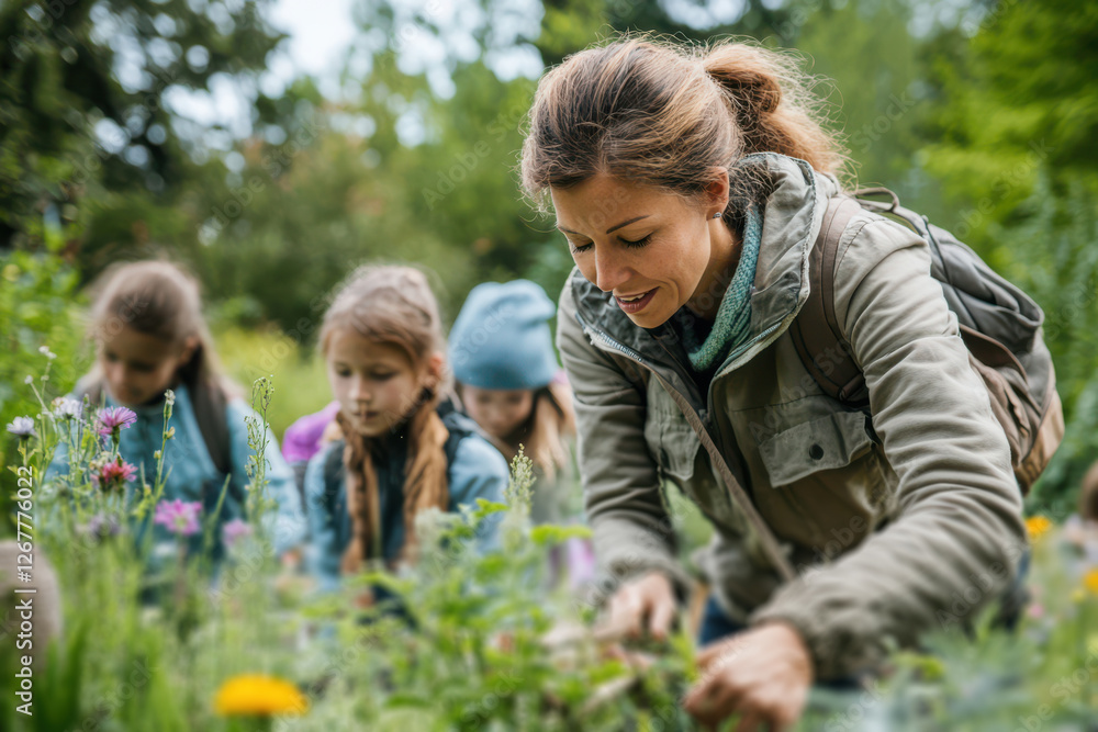 A teacher leading a nature based learning activity in an outdoor classroom A teacher leading a nature based learning activity in an outdoor classroom