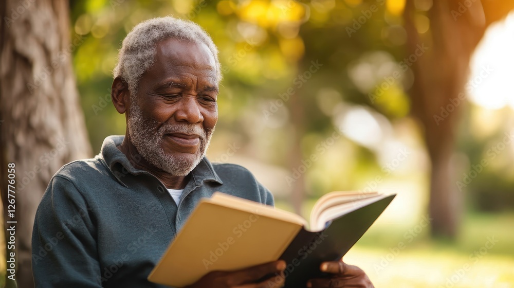 Elderly Man Enjoys Reading in a Sunny Park Setting Elderly Man Enjoys Reading in a Sunny Park Setting