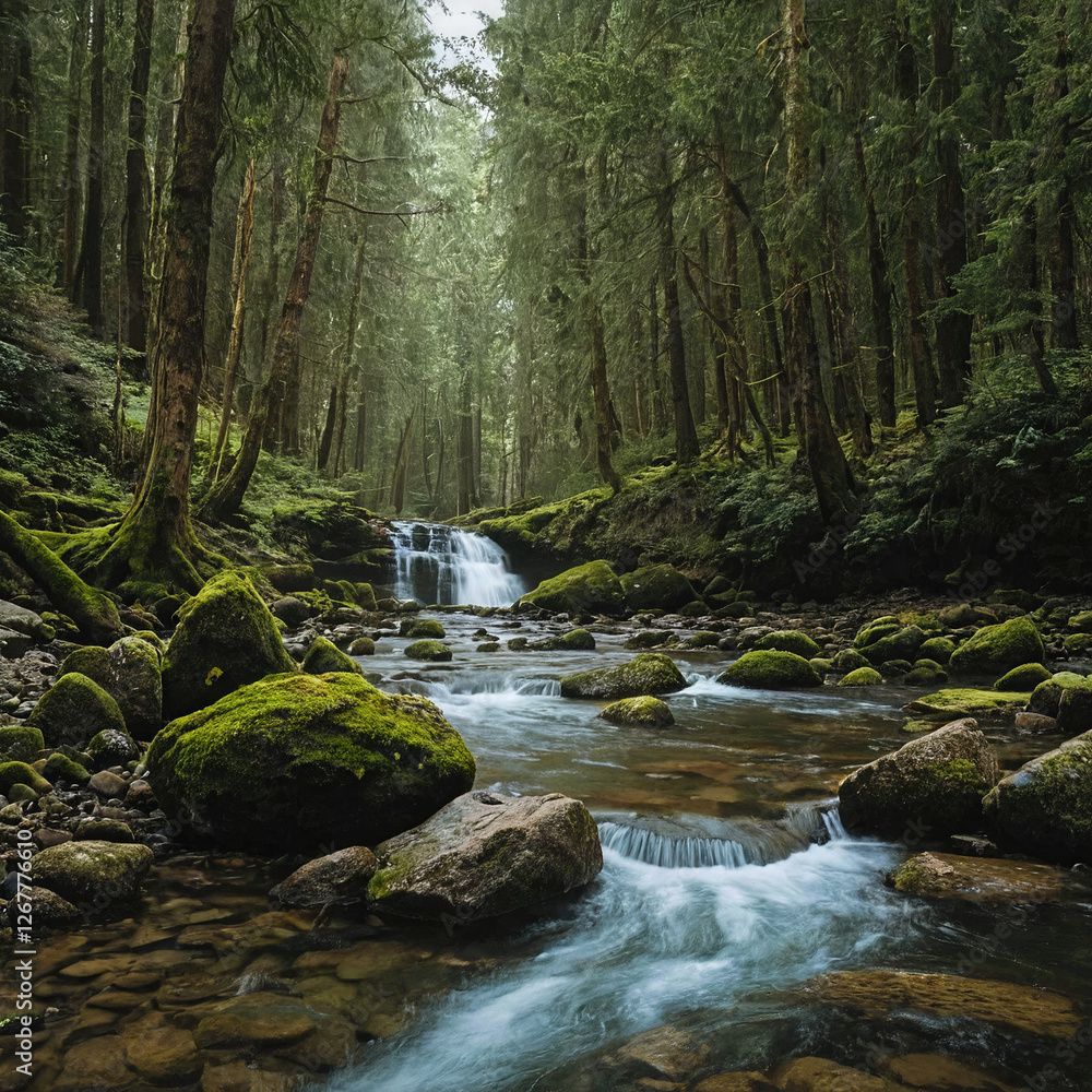 Obraz premium serene forest scene with gentle stream flowing over mossy rocks, inspiring tranquility and connection with nature beauty
