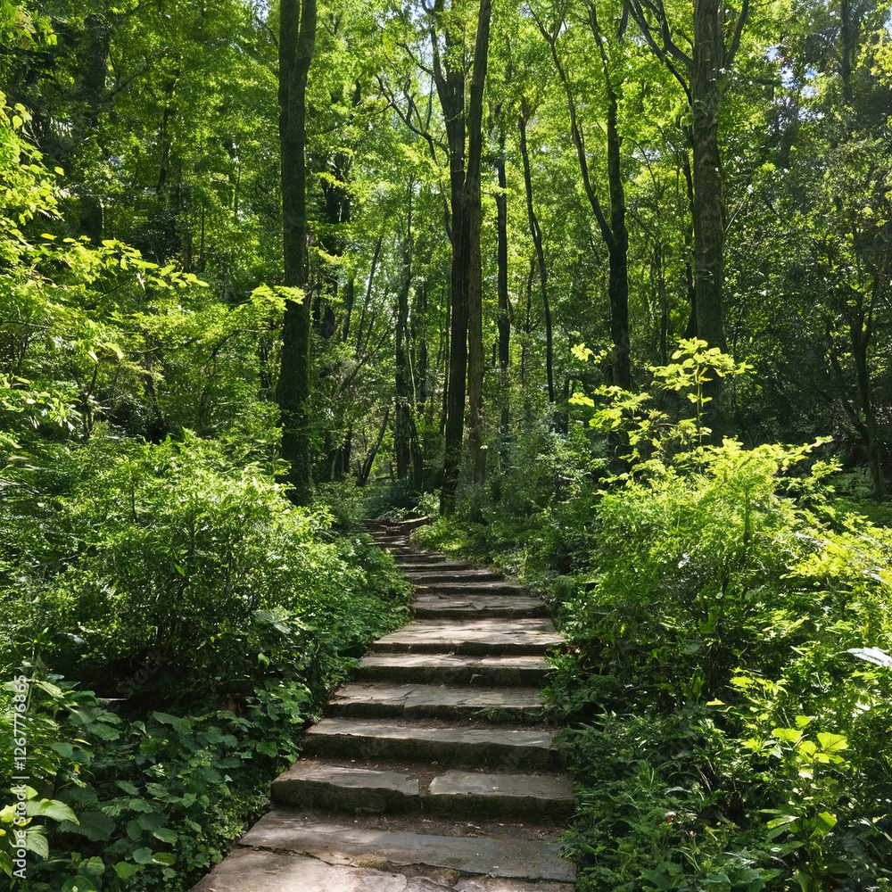 Fototapeta premium Pathway through lush green forest, sunlight dappling through trees creating serene feeling, inviting exploration and tranquility