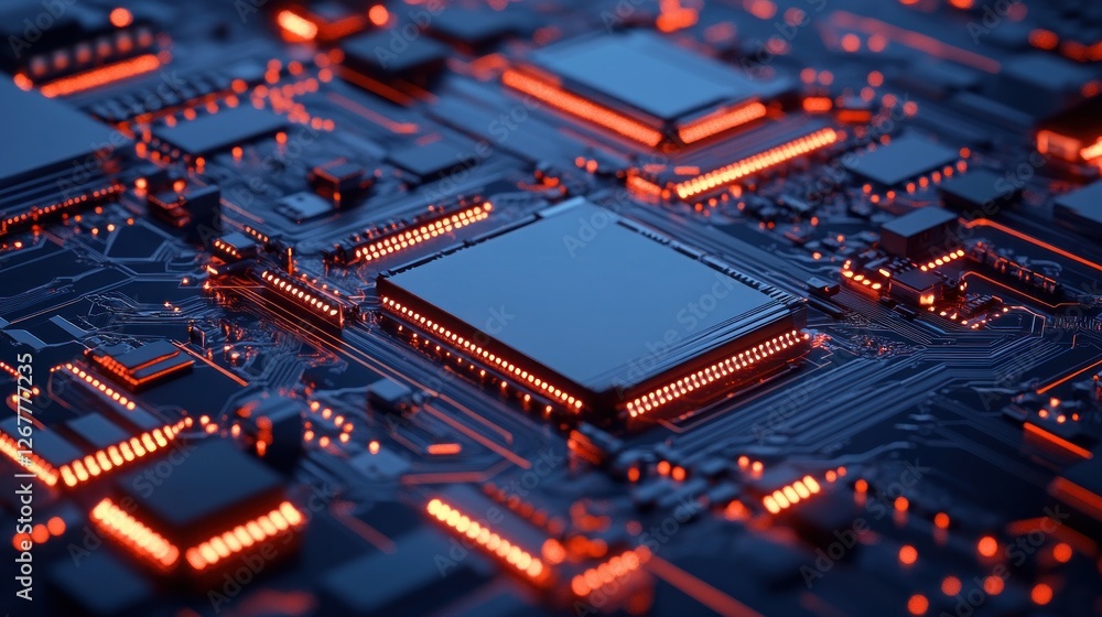 Close-up of a circuit board with glowing components. Close-up of a circuit board with glowing components.