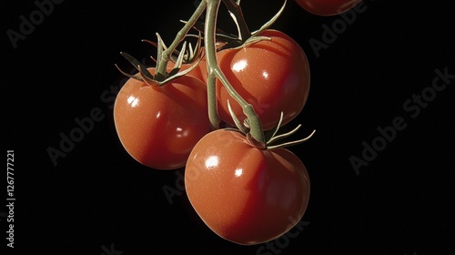 Three red tomatoes hanging from a thin stem. the tomatoes are round and plump, with a glossy texture. photo