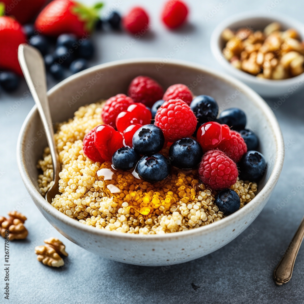 Healthy breakfast food series. A breakfast bowl of quinoa with nuts and berries. Healthy breakfast food series. A breakfast bowl of quinoa with nuts and berries.
