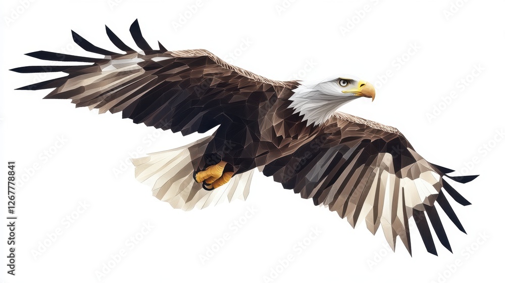 Polygonal Art of Majestic Eagle in Flight - Low Poly Wildlife Illustration with Soaring Wingspan on a White Background Polygonal Art of Majestic Eagle in Flight - Low Poly Wildlife Illustration with Soaring Wingspan on a White Background