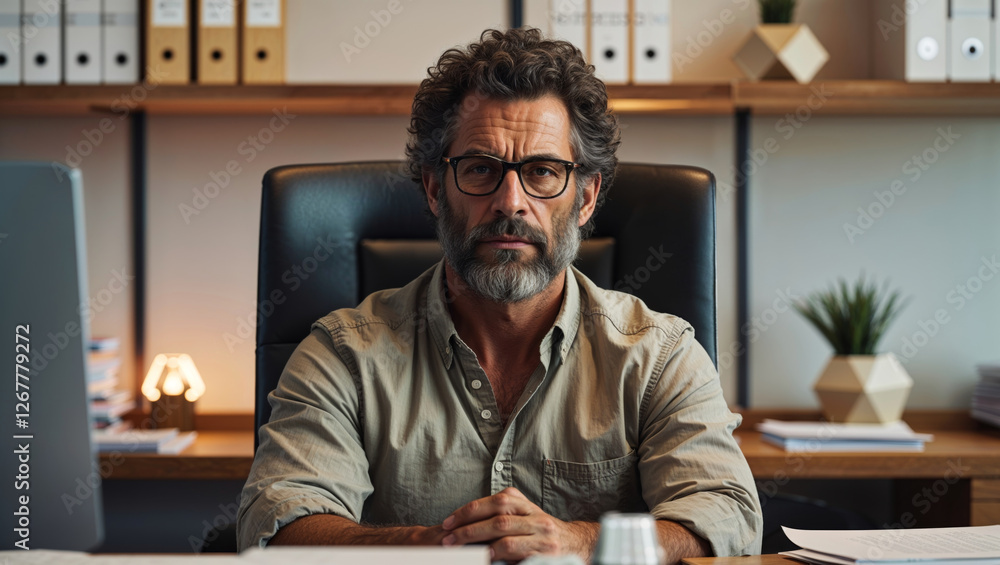 Fototapeta premium Confident mature businessman sitting at his office desk, looking directly at the camera with a serious expression.