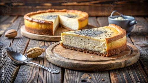 A slice of cheesecake with a sprinkle of poppy seeds on a wooden board, accompanied by a whole cheesecake on a rustic table