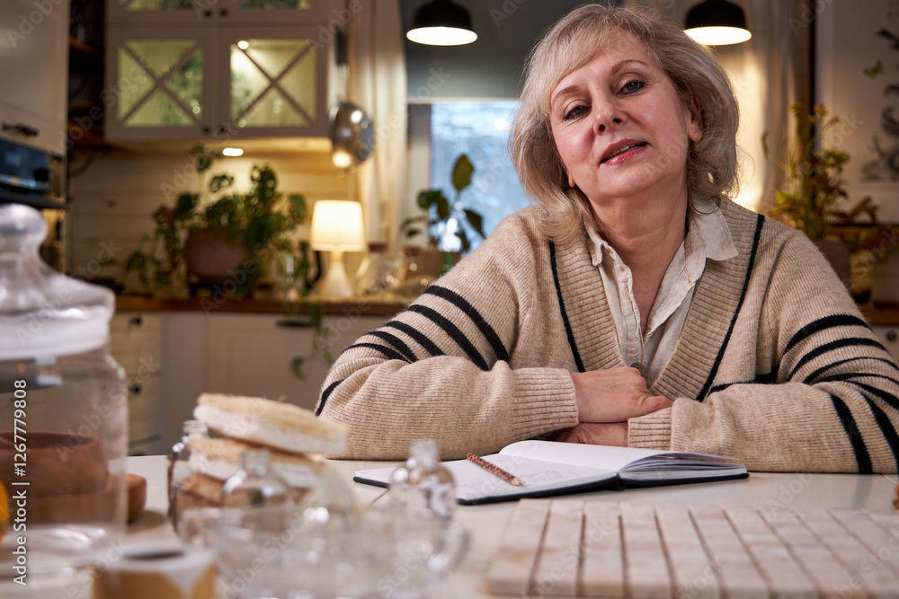 a woman sits at the table in the kitchen and writes a grocery list and thinks of a recipe for a meal a woman sits at the table in the kitchen and writes a grocery list and thinks of a recipe for a meal