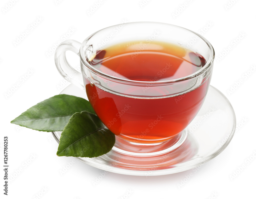 Refreshing black tea in cup and leaves isolated on white Refreshing black tea in cup and leaves isolated on white