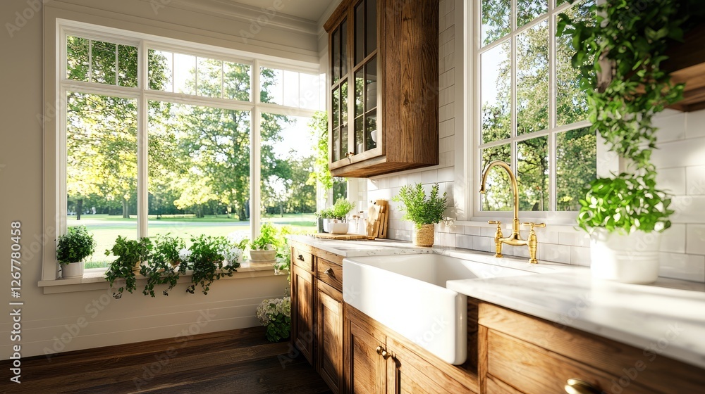 Fototapeta premium Bright and Cozy Kitchen Interior with Large Windows and Greenery